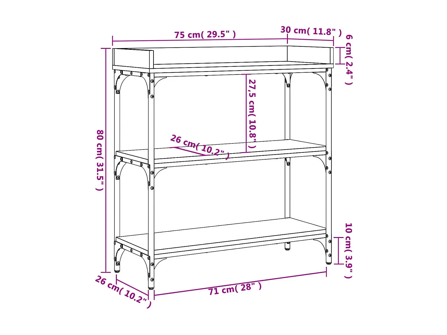 Konsolentisch mit Ablagen Braun Eichen-Optik 75x30x80 cm