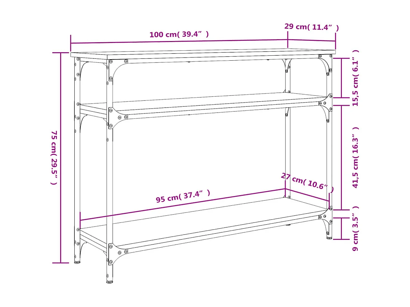 Table console chêne fumé 100x29x75 cm bois d'ingénierie