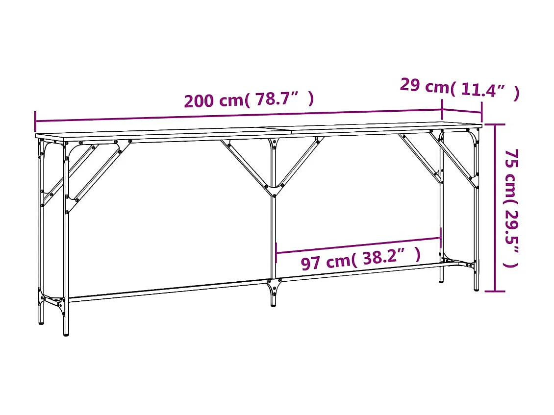 Mesa consola 200x29x75 cm derivados de madeira carvalho fumado