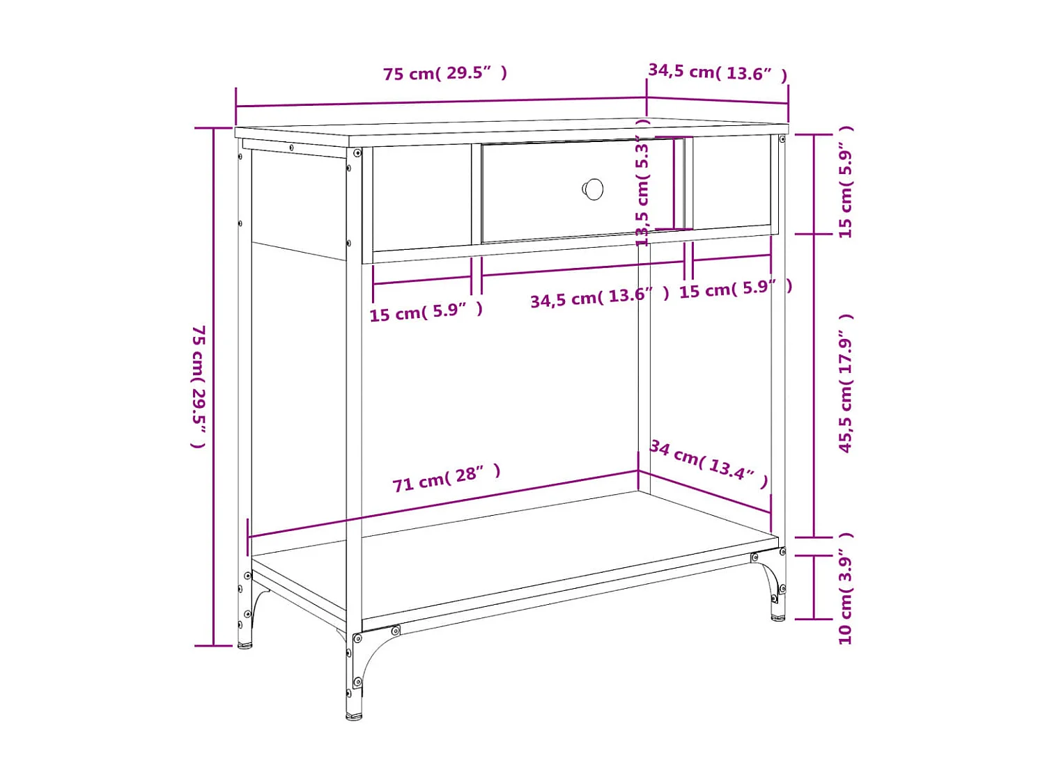 Table console chêne marron 75x34,5x75 cm bois d'ingénierie