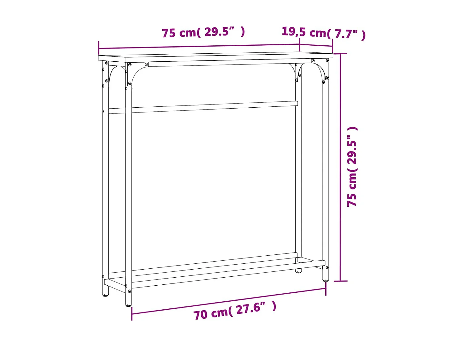 Mesa consola 75x19,5x75 cm derivados madeira carvalho castanho