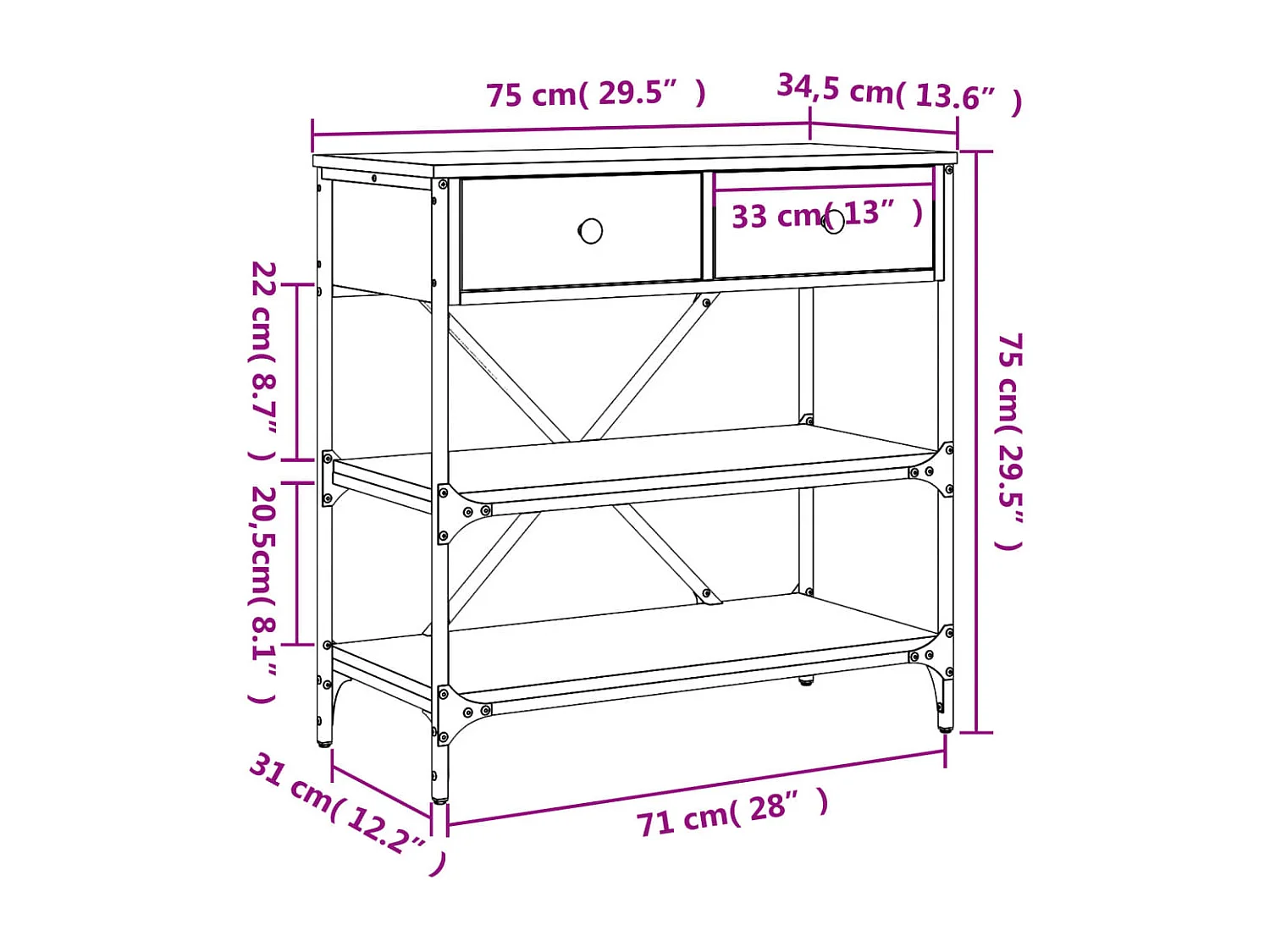 Table console chêne fumé 75x34,5x75 cm bois d'ingénierie