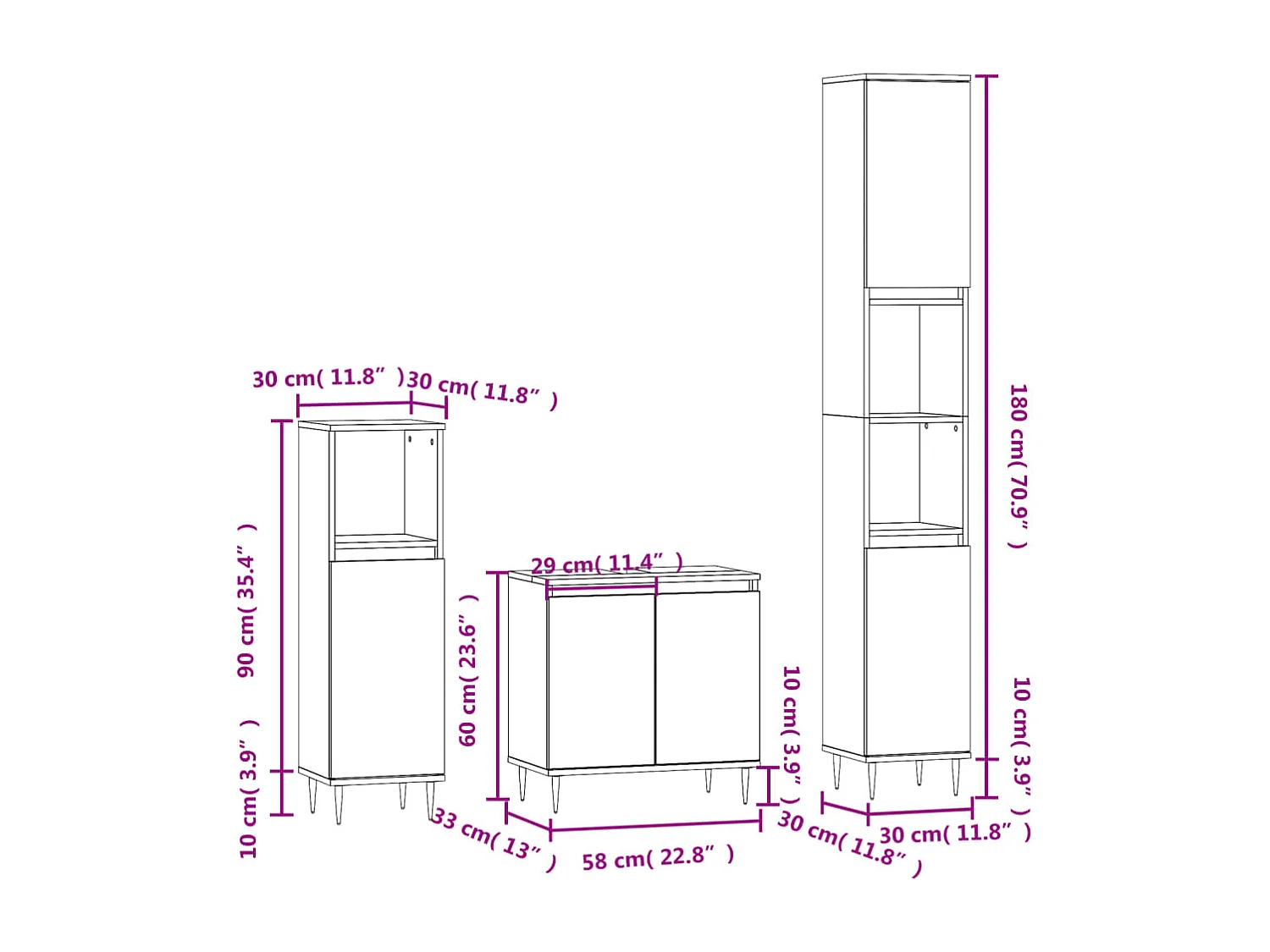 3-delige Badkamerkastenset bewerkt hout zwart