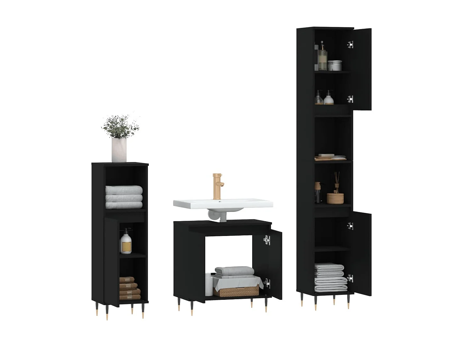 3-delige Badkamerkastenset bewerkt hout zwart