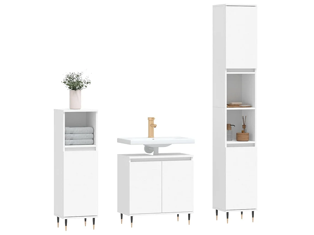 3 pcs conjunto móveis casa de banho madeira processada branco
