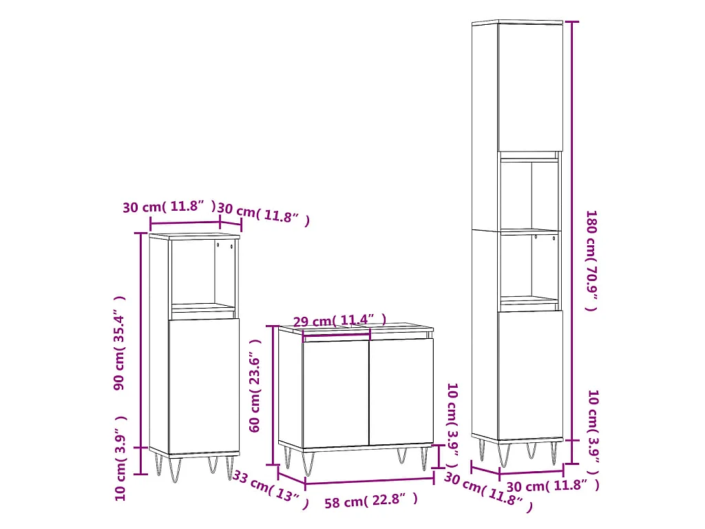 Ensemble d'armoires de salle de bain 3 pcs gris béton