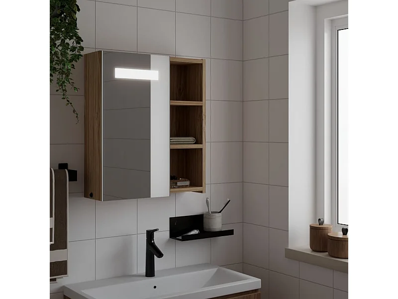 Armadietto Bagno con Specchio e LED Rovere 45x13x52 cm