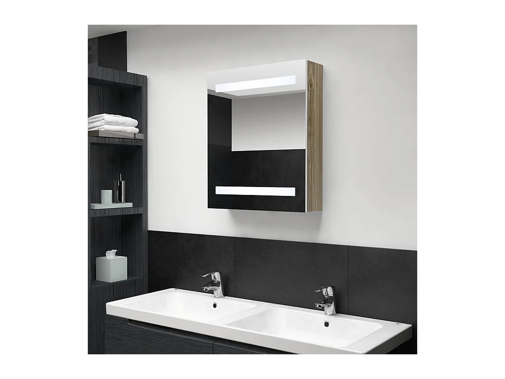 Armoire de salle de bain à miroir à LED blanc et chêne
