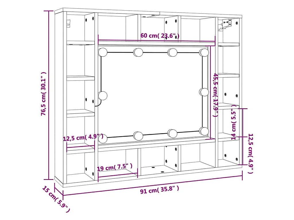 Armoire à miroir à LED noir 91x15x76,5 cm