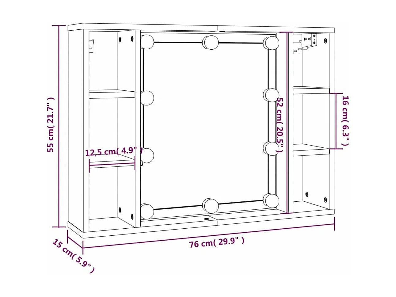 Spiegelkast met LED-verlichting 76x15x55 cm zwart