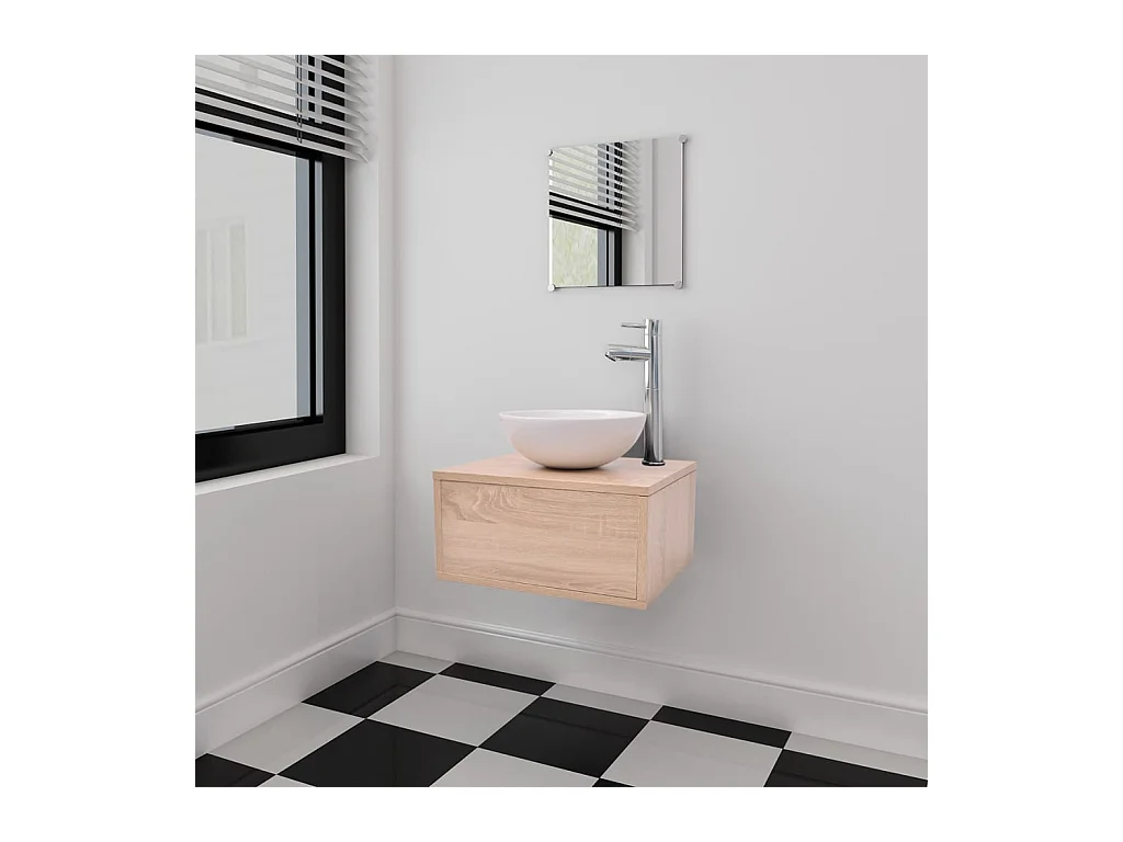 Meuble de salle de bain 4 pcs avec lavabo et robinet Beige