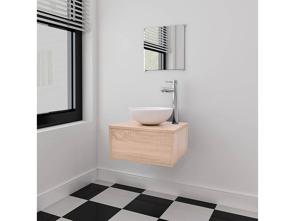 Conjunto móveis casa de banho 4 pcs com bacia e torneira, bege