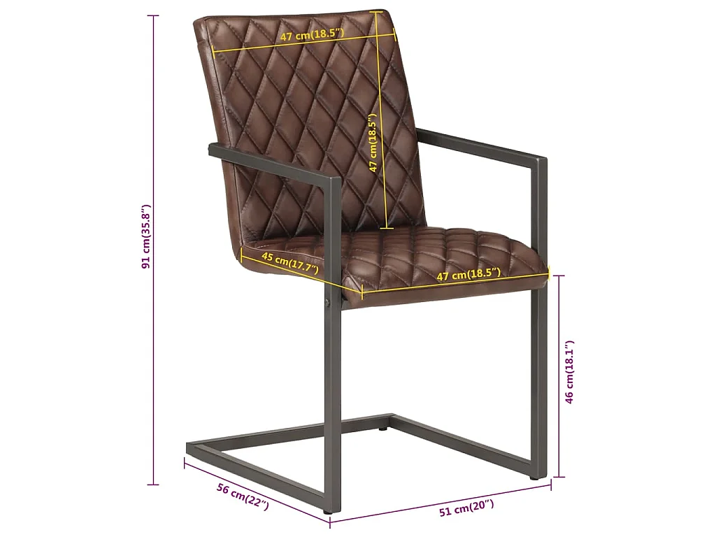 Chaises à manger cantilever lot de 2 marron cuir véritable