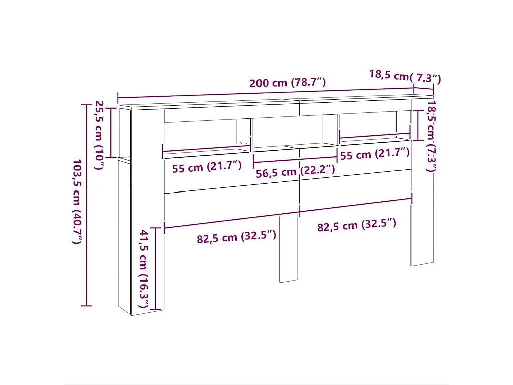 Tête de lit à LED noir 200x18,5x103,5 cm bois d'ingénierie