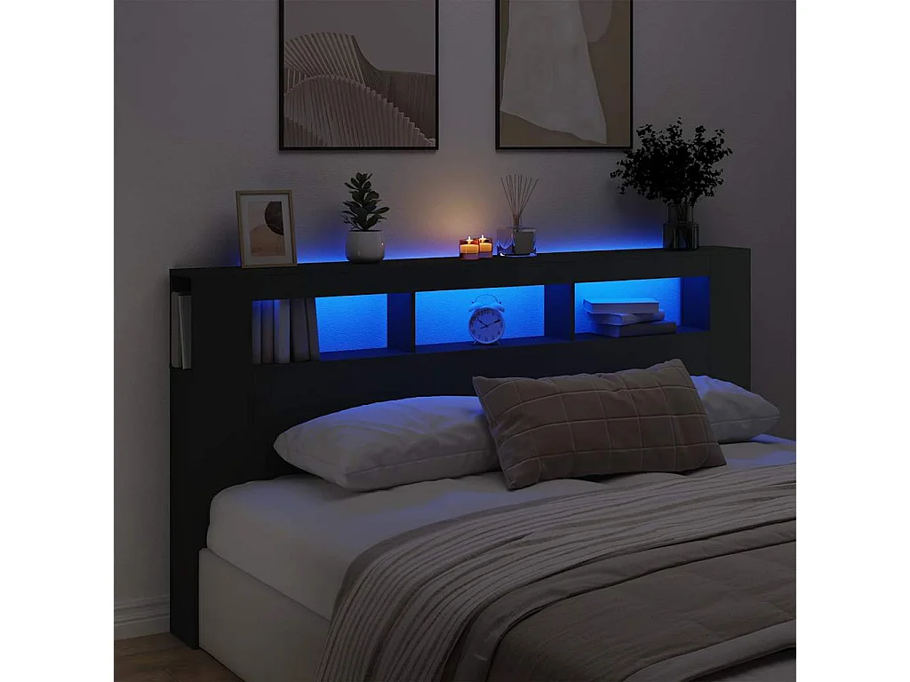 Hoofdeinde met LED 200x18,5x103,5 cm bewerkt hout zwart