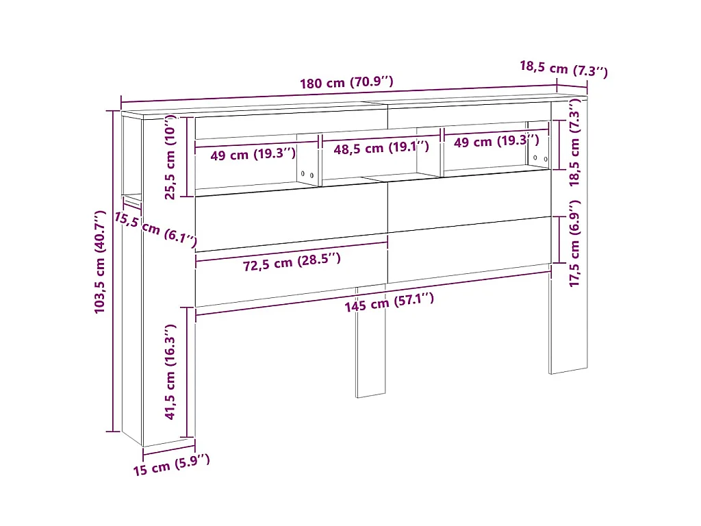 Hoofdeinde met LED 180x18,5x103,5 cm bewerkt hout betongrijs