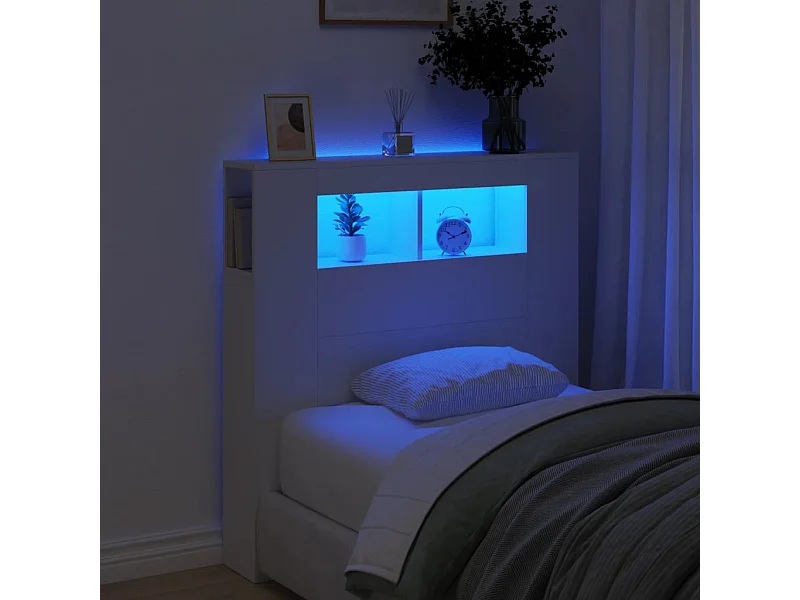 Tête de lit à LED blanc 100x18,5x103,5 cm bois d'ingénierie