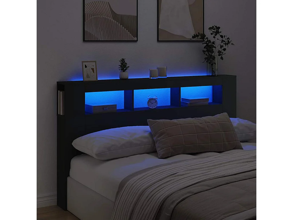 Tête de lit à LED noir 180x18,5x103,5 cm bois d'ingénierie
