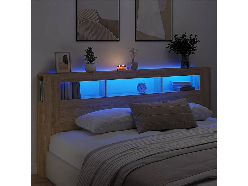 Hoofdbord met LED 220x18,5x103,5 cm bewerkt hout sonoma eiken
