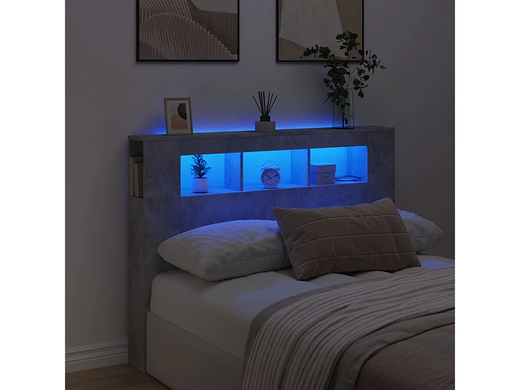 Hoofdeinde met LED 140x18,5x103,5 cm bewerkt hout betongrijs