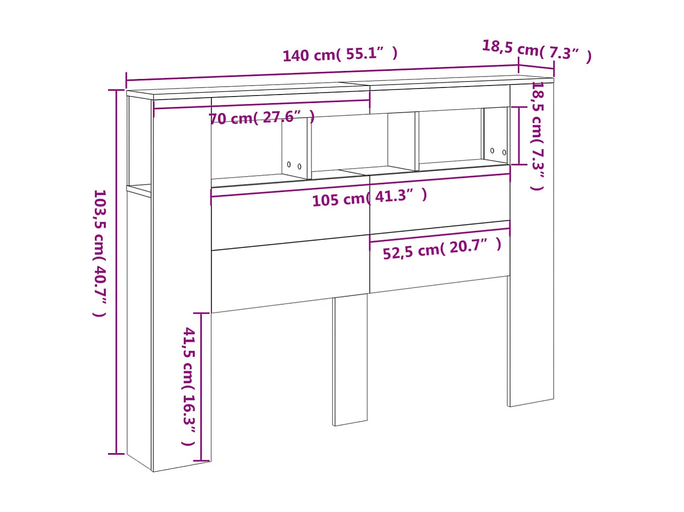 Hoofdeinde met LED 140x18,5x103,5 cm bewerkt hout betongrijs