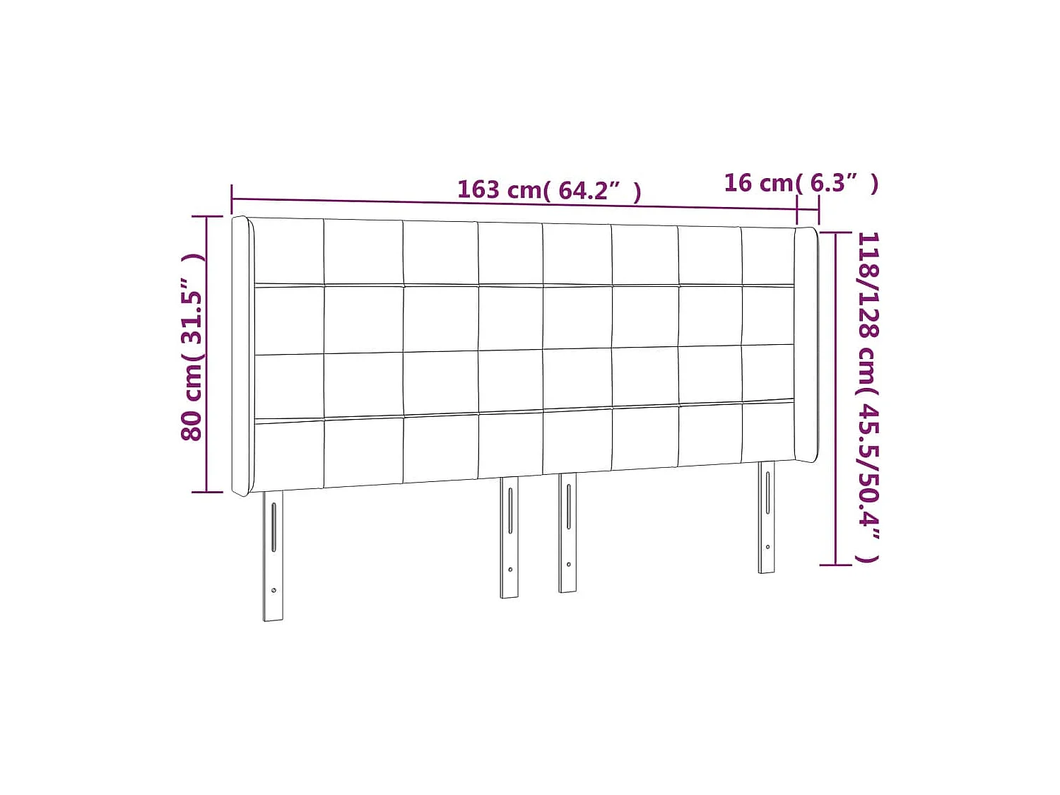 Tête de lit avec oreilles Noir 163x16x118/128 cm Velours