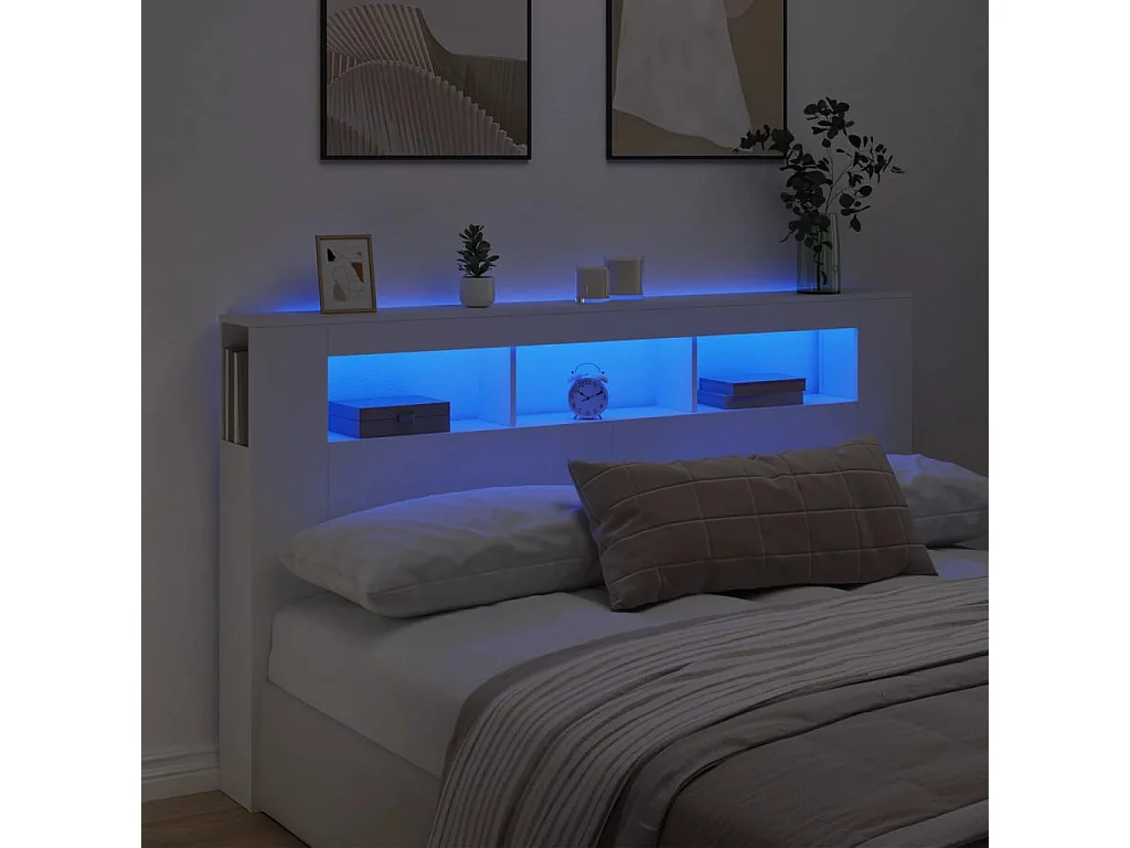 Cabeceira cama c/ LEDs 180x18,5x103,5 cm deriv. madeira branco