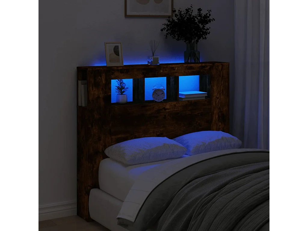 Cabecero LED madera ingeniería roble ahumado 120x18,5x103,5 cm