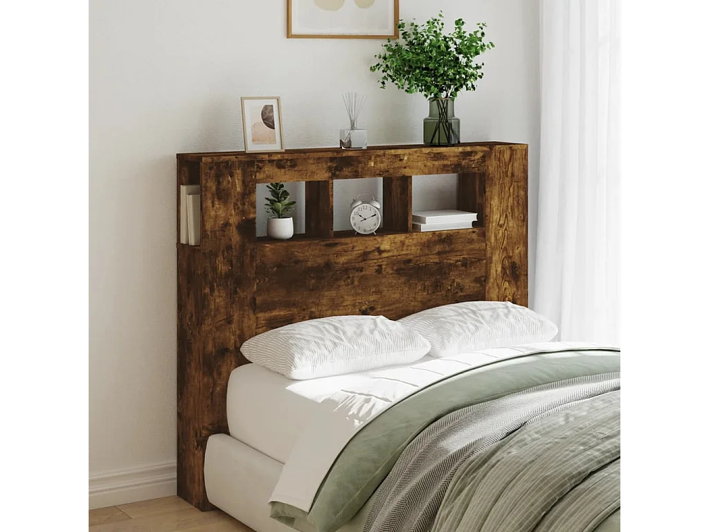 Cabecero LED madera ingeniería roble ahumado 120x18,5x103,5 cm