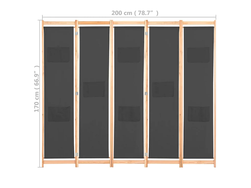 Biombo divisor 5 paneles de tela gris 200x170x4 cm