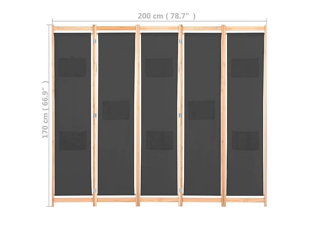 Paravent 5 panneaux Gris 200 x 170 x 4 cm Tissu