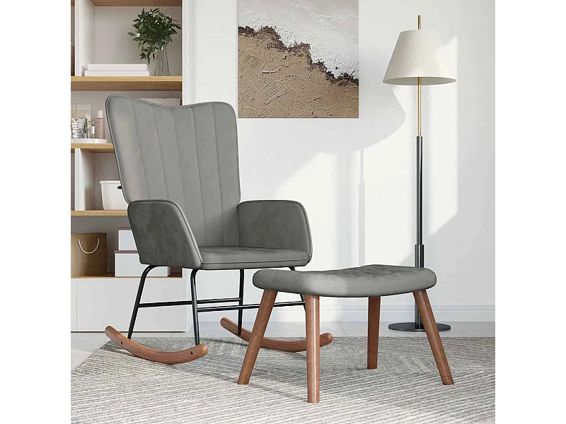 Schommelstoel met voetenbank fluweel lichtgrijs