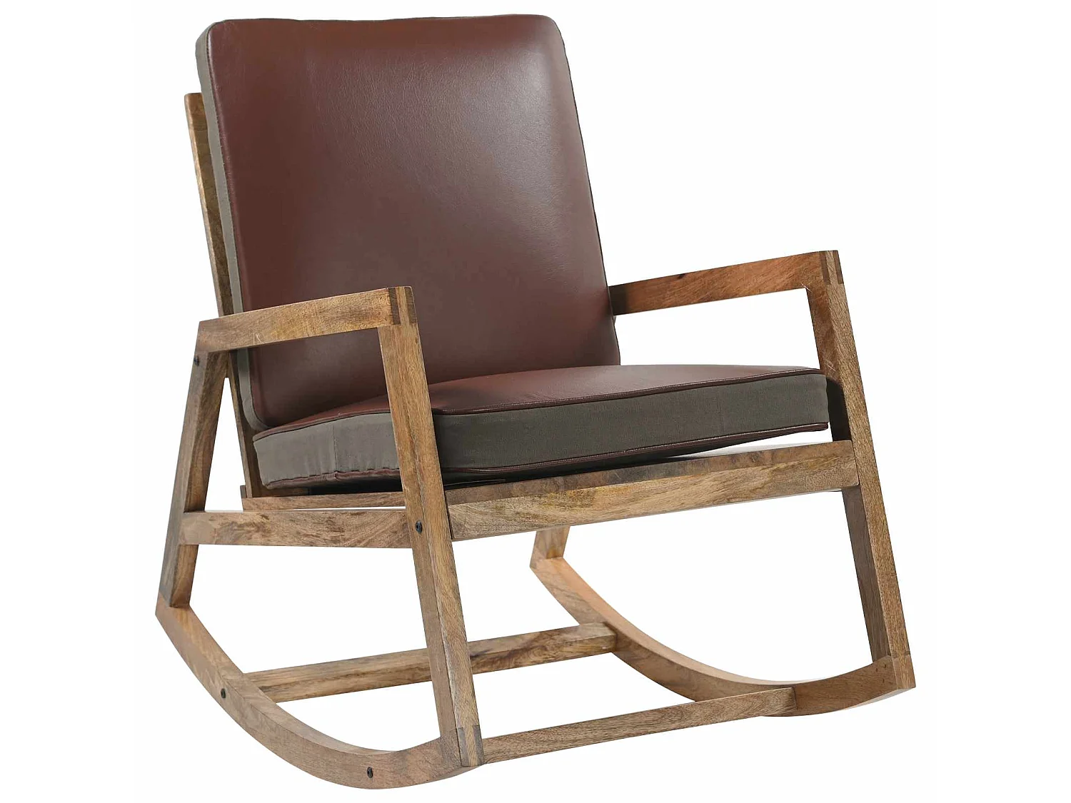 Sedia a Dondolo Marrone in Vera Pelle e Legno Massello di Mango