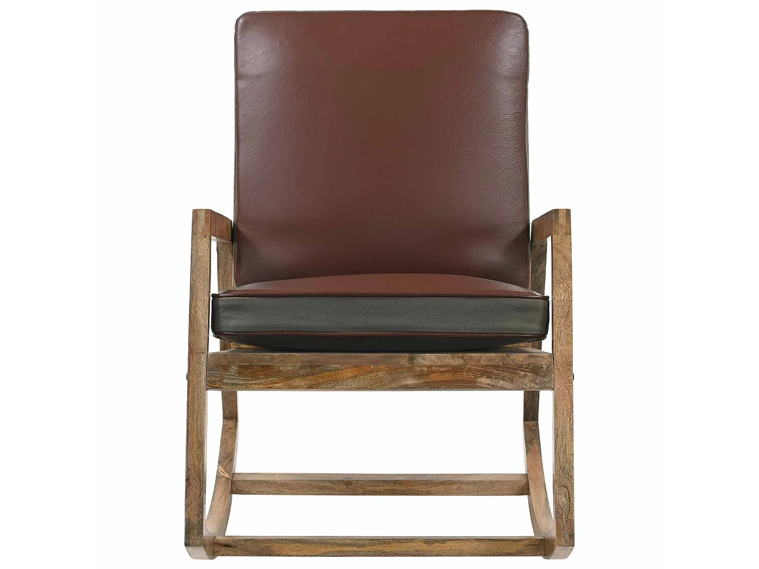 Sedia a Dondolo Marrone in Vera Pelle e Legno Massello di Mango
