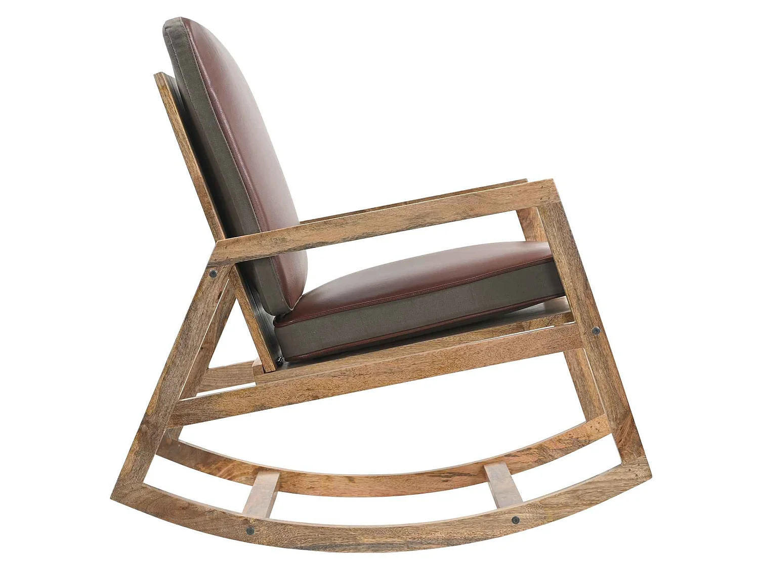 Sedia a Dondolo Marrone in Vera Pelle e Legno Massello di Mango