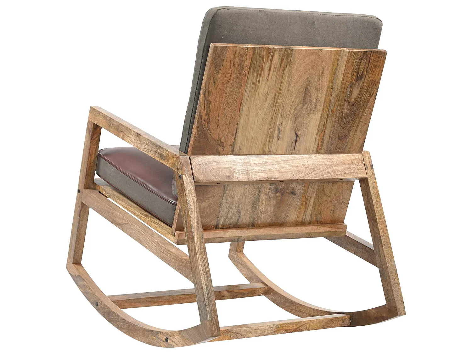 Sedia a Dondolo Marrone in Vera Pelle e Legno Massello di Mango
