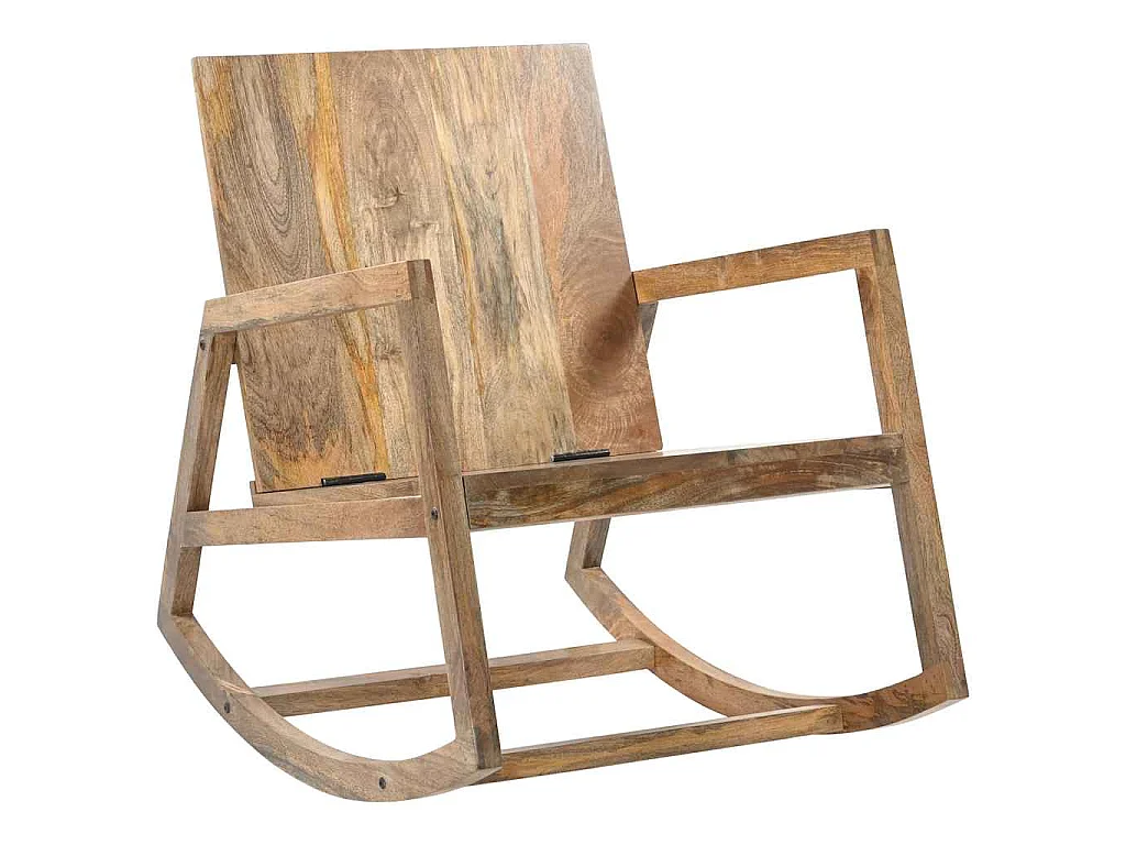 Sedia a Dondolo Marrone in Vera Pelle e Legno Massello di Mango