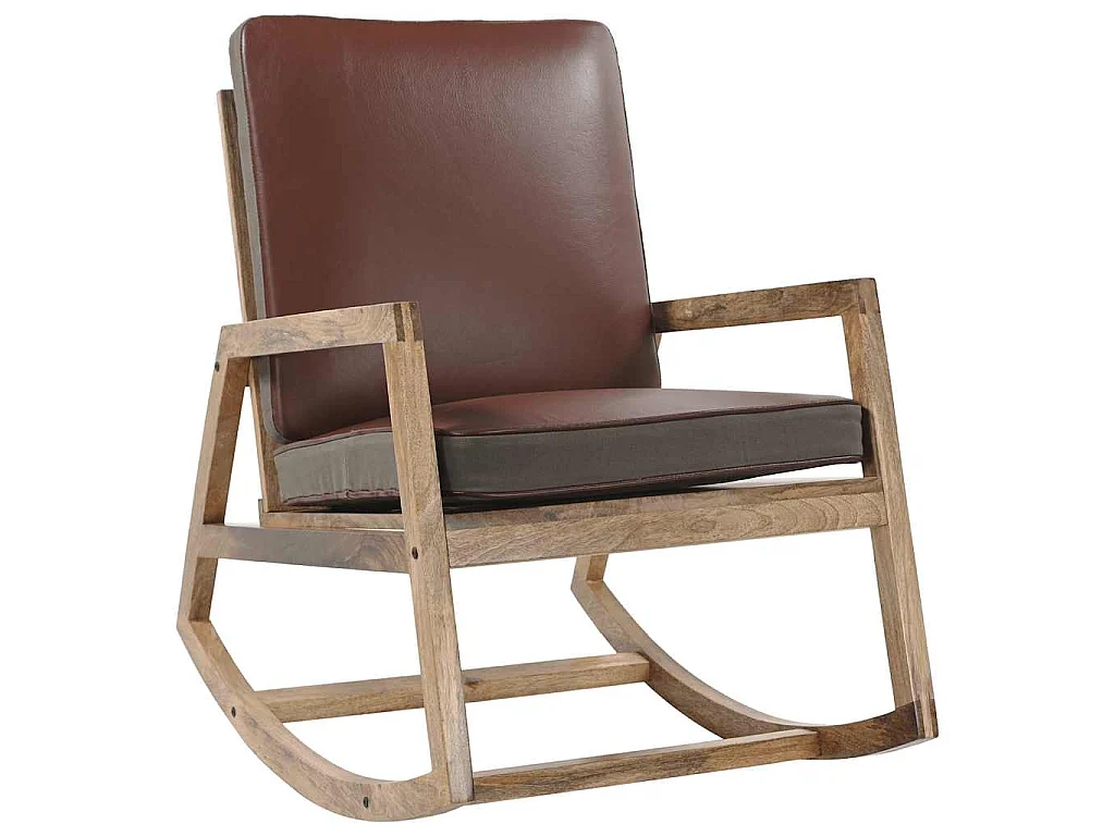 Sedia a Dondolo Marrone in Vera Pelle e Legno Massello di Mango
