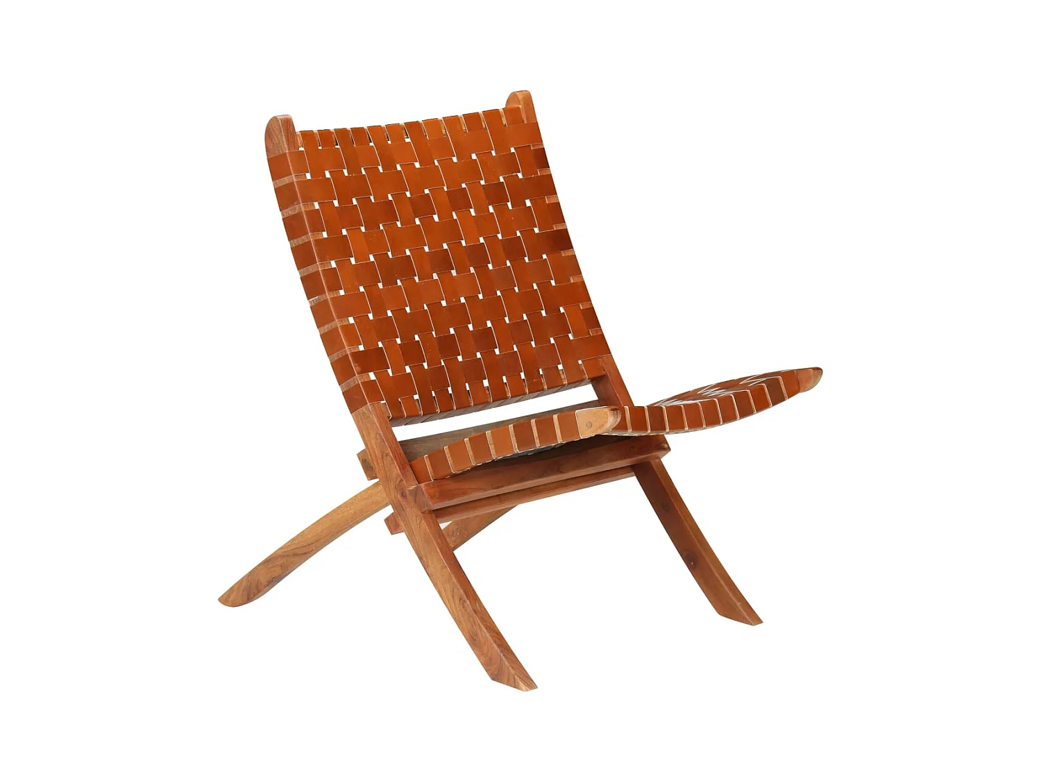 Chaise pliable bandes croisées marron cuir véritable