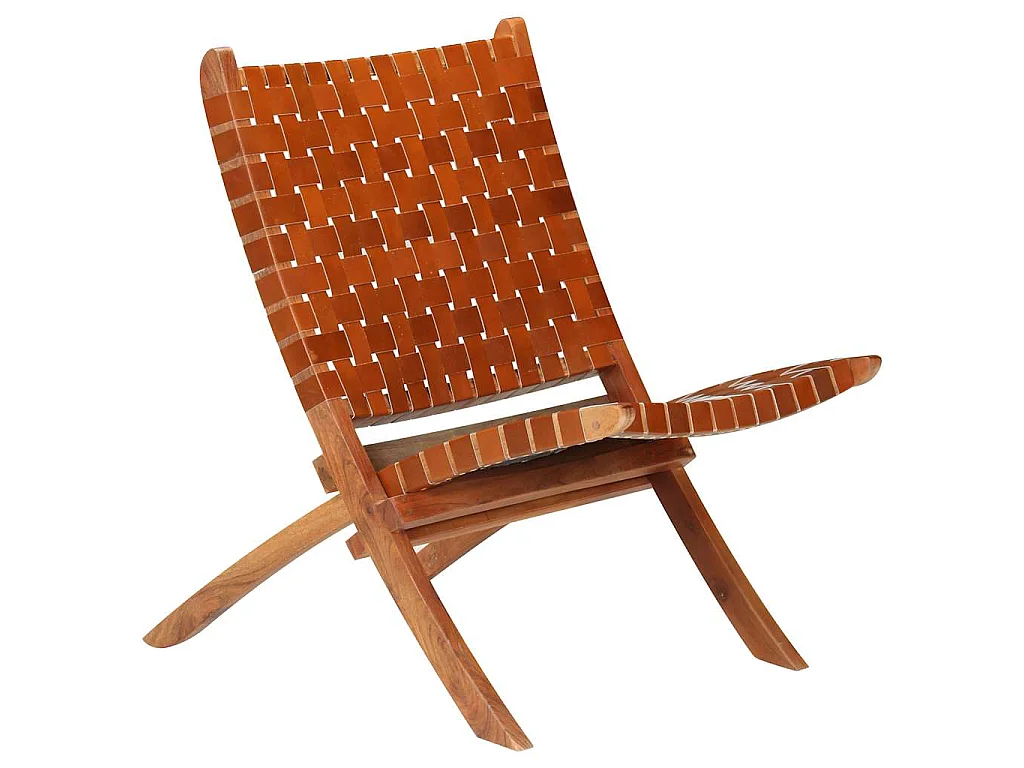 Chaise pliable bandes croisées marron cuir véritable