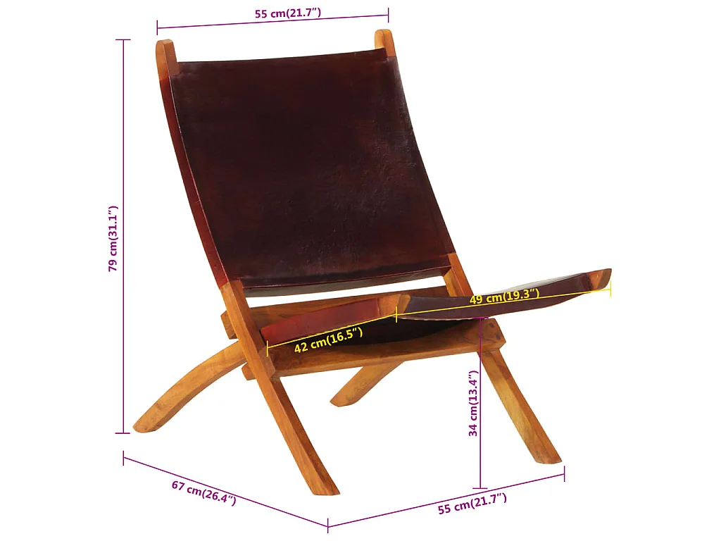 Chaise pliante en cuir véritable marron foncé