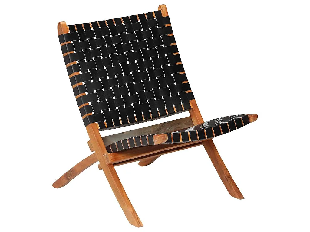 Chaise pliable bandes croisées noir cuir véritable