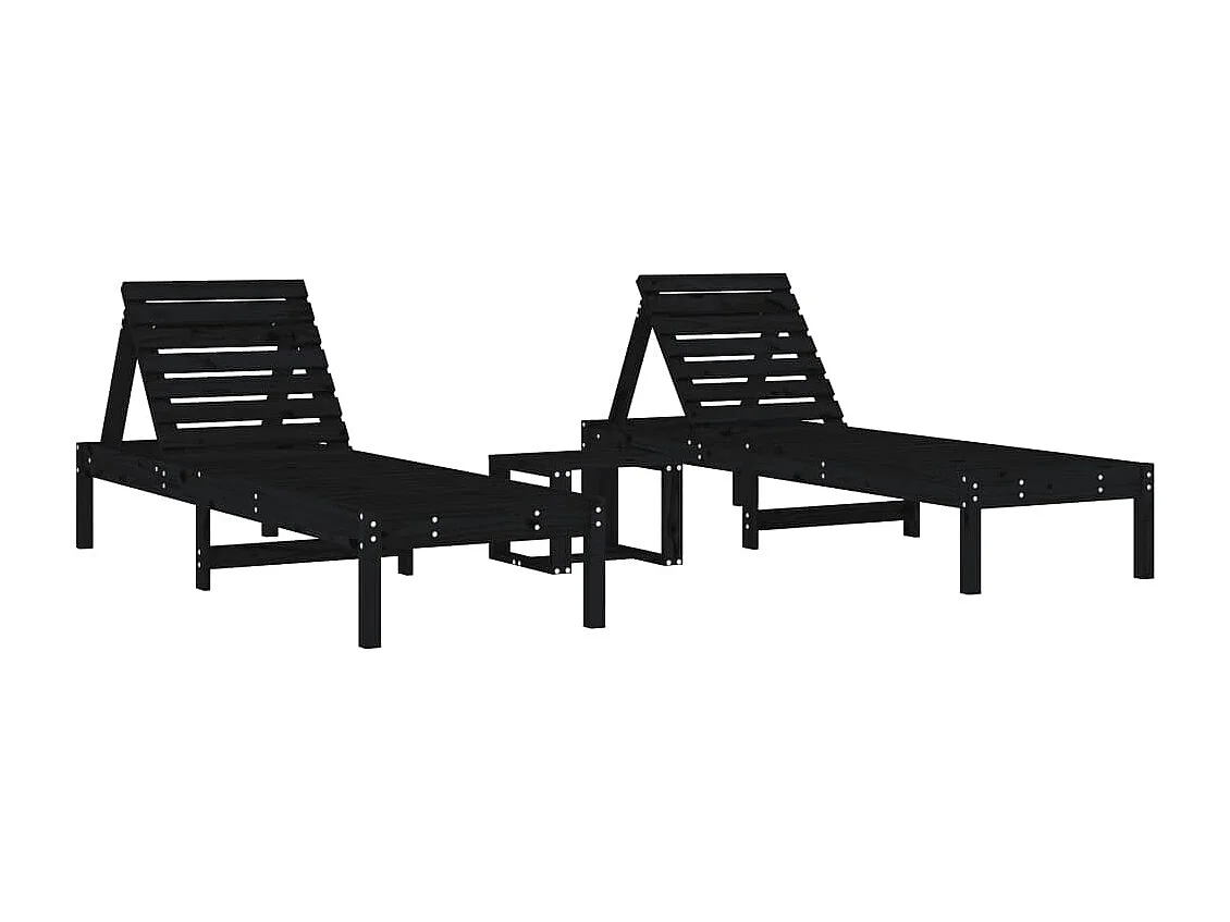 Lettini con Tavolino 2 pz Neri in Legno Massello di Pino