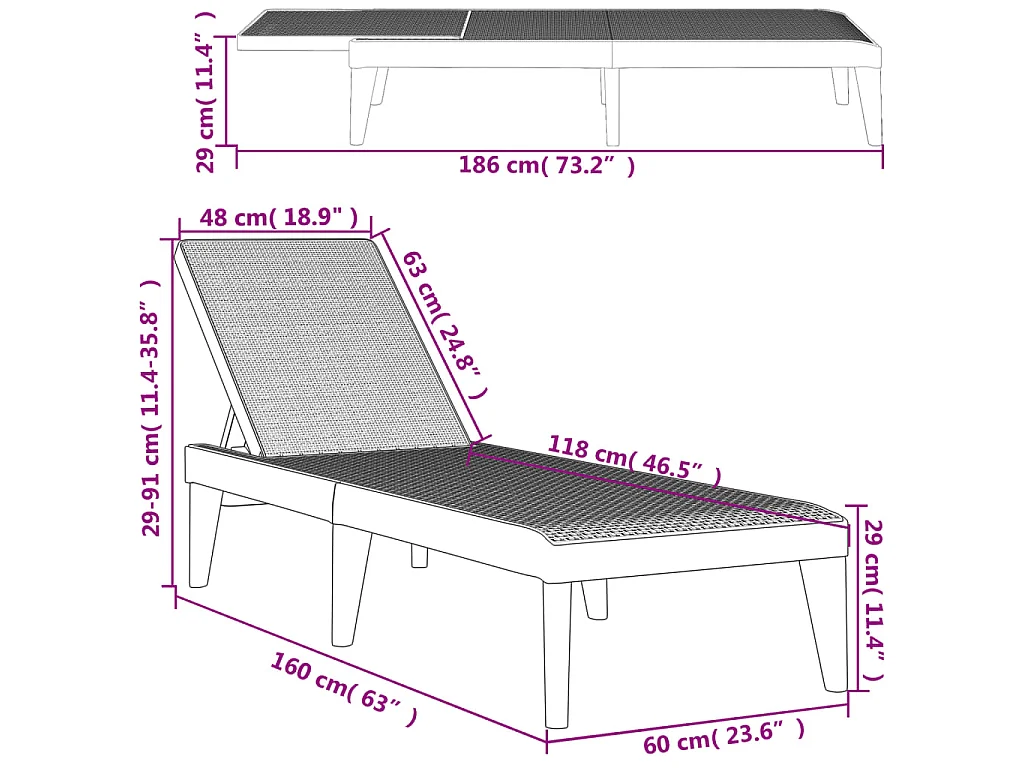 Lettino Antracite 186x60x29 cm in PP