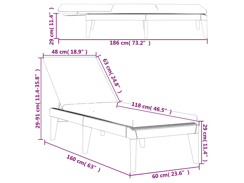 Chaise longue avec coussin anthracite 186x60x29 cm PP