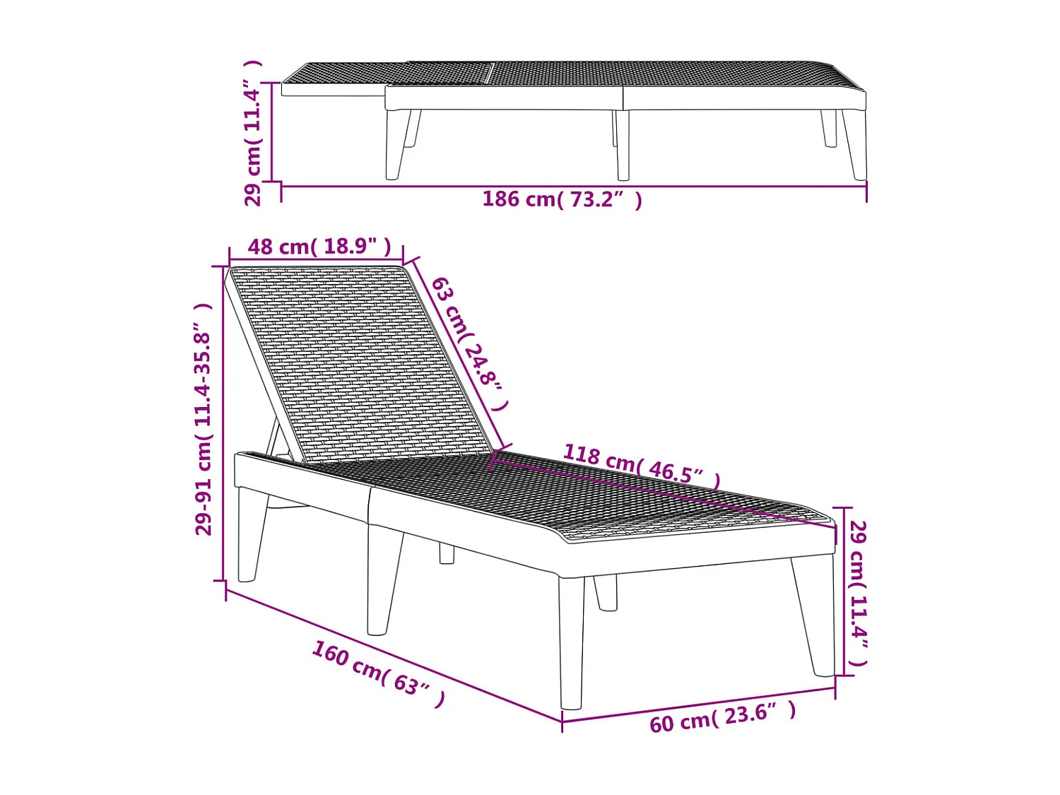 Chaise longue anthracite 186x60x29 cm PP