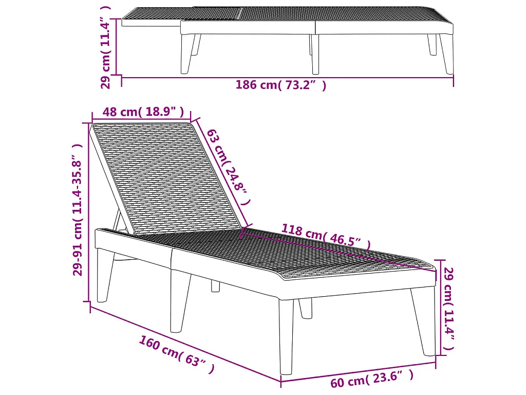 Lettino Grigio 186x60x29 cm in PP