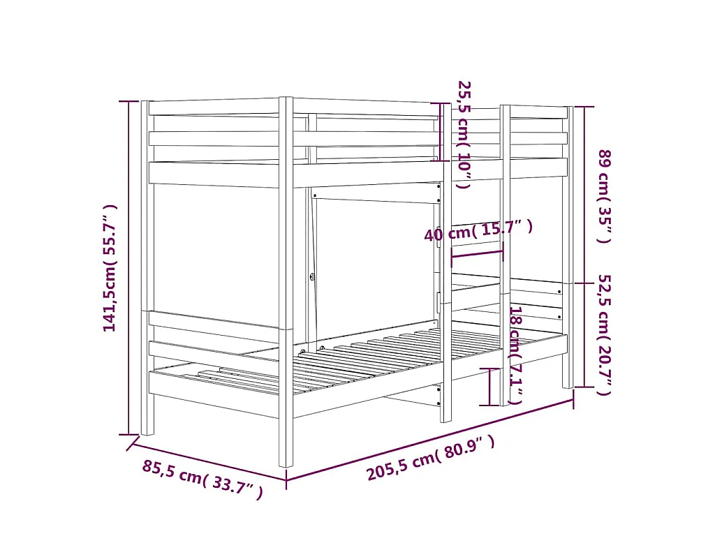 Stapelbed 80x200 cm massief grenenhout wit