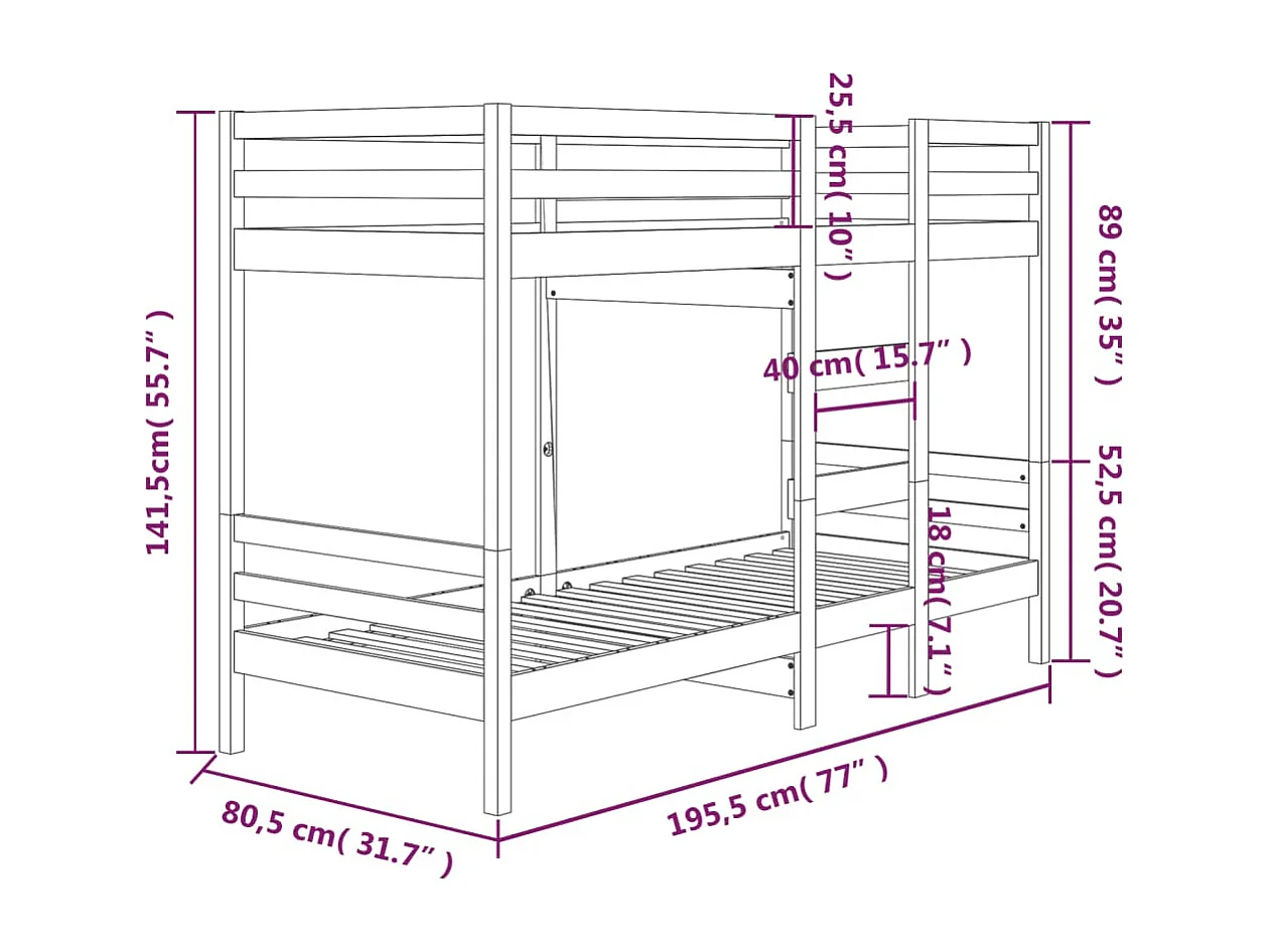 Lit superposé sans matelas blanc 75x190 cm bois de pin massif