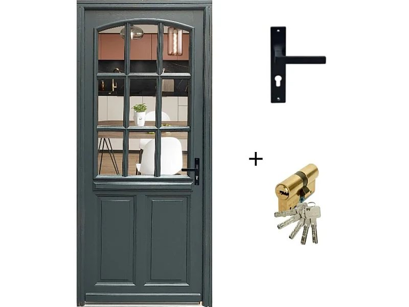 Porte d'entree Bois vitree, Alexa , gris RAL7016, H,215xl,80  p,gauche  Cote Tableau + Poignee Et Barillet ( ref 010723NO)